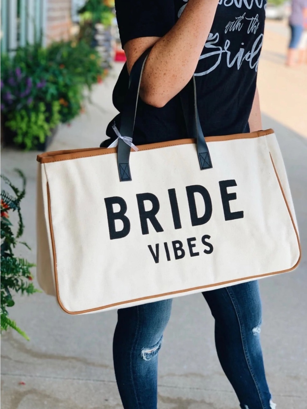 BRIDE VIBES Canvas Tote Bag in Cream with Tan Trim